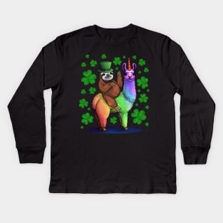 Leprechaun Sloth Riding Llama Unicorn St Patricks Day Kids Long Sleeve T-Shirt